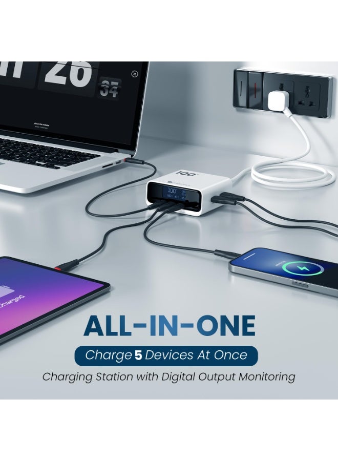 بورترونيكس Portronics 100W Adapto 100D Fast Charging 5 Port Adaptor with LCD Power Display, 3 Type C PD Port, 2 USB-A Mach Port, Fast Charging Compatible with Laptops, Macbooks, Smartphones (White) - Image 5